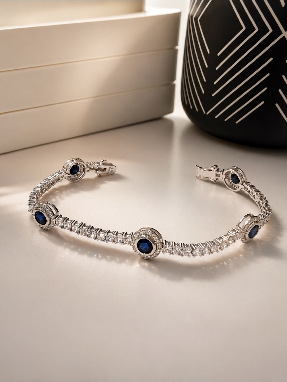 925 Sterling Silver Blue Sapphire wnd Cubic Zirconia Tennis Bracelet Size 7” - Picture 7 of 16